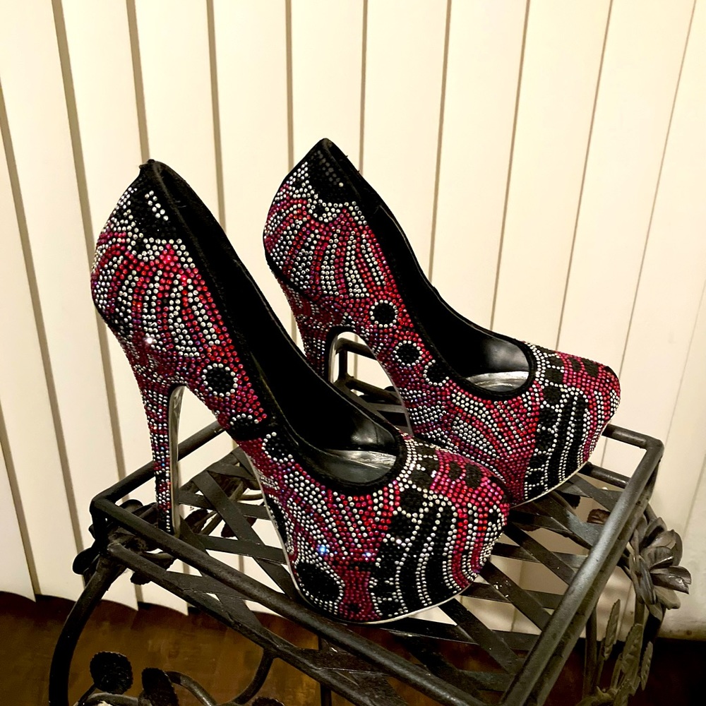 Size 7 - RED & BLACK SILVER SWAROVSKI CRYSTAL PLATFORM HEELS